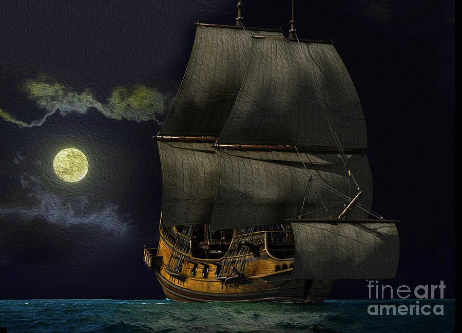 Ship by moonlight Digital Art by Lutz Roland Lehn