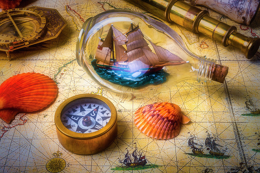 Ship In A Bottle With Compass Photograph by Garry Gay