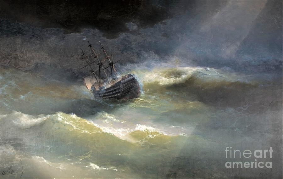Ship Maria in storm Painting by Thea Recuerdo