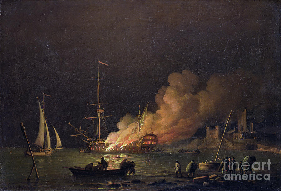 Ship On Fire At Night, C.1756 Painting by Charles Brooking - Fine Art ...