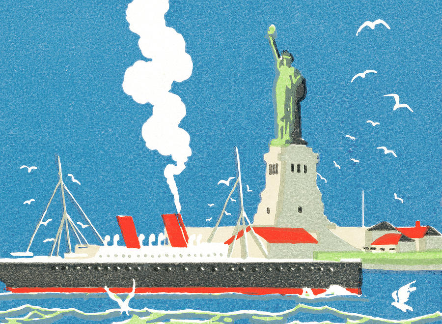 Transportation Drawing - Ship passing Statue of Liberty by CSA Images
