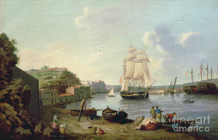 Ship Under Sail In The Harbour At Port Mahon, Minorca Painting by Anton Schantz