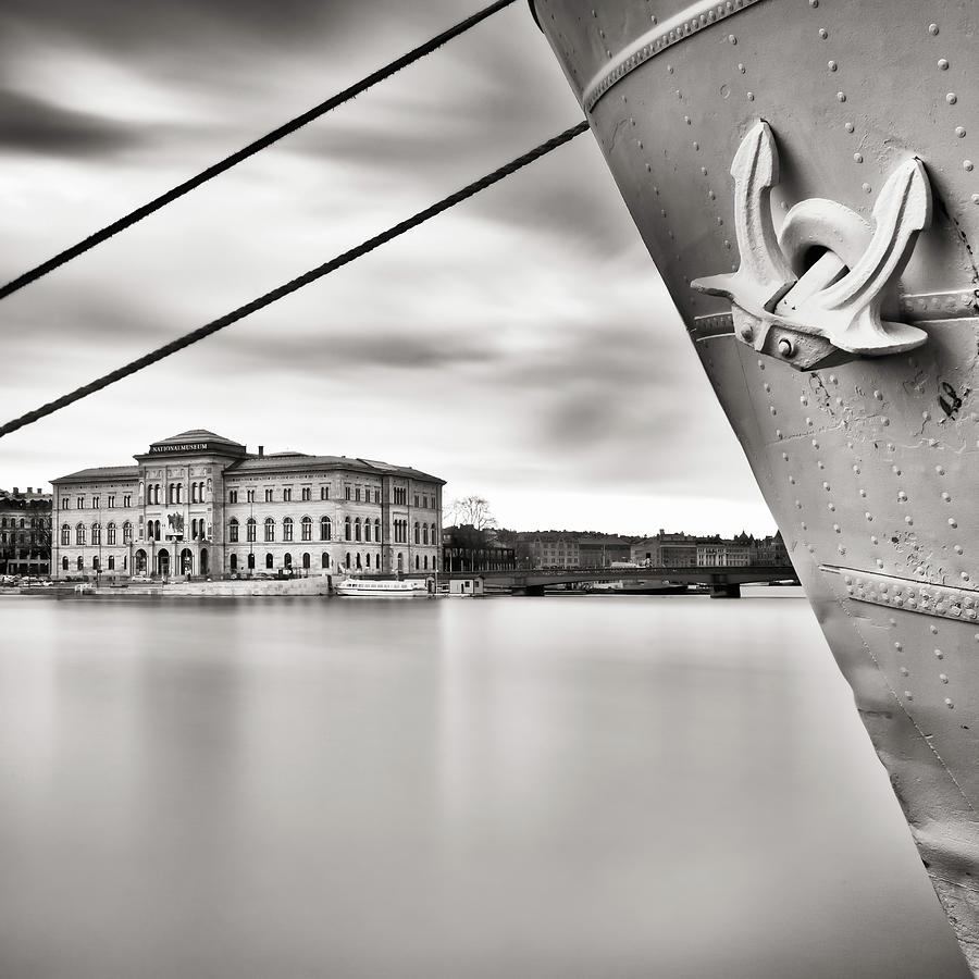 Architecture Photograph - Ship With Anchor In Harbor by Peter Levi