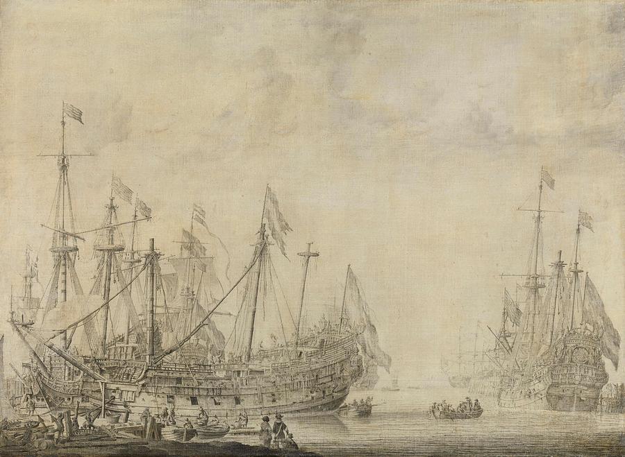 Ships after the Battle. Painting by Willem van de Velde -I- -mentioned on object-