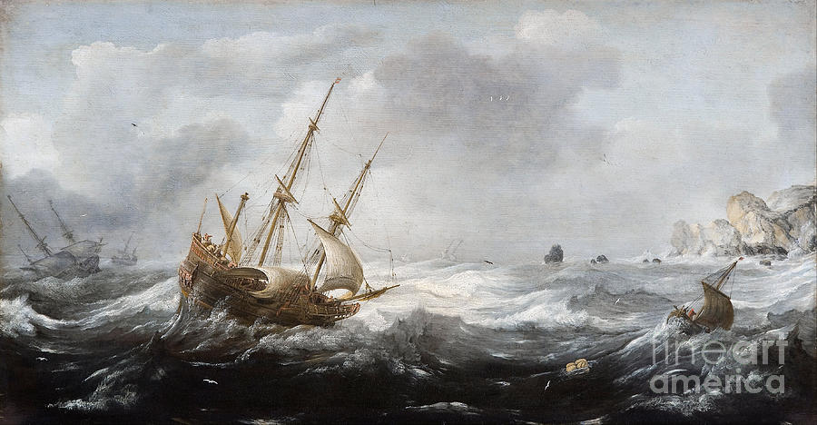 Ships In A Storm On A Rocky Coast, 1614-8 Painting by Jan Porcellis