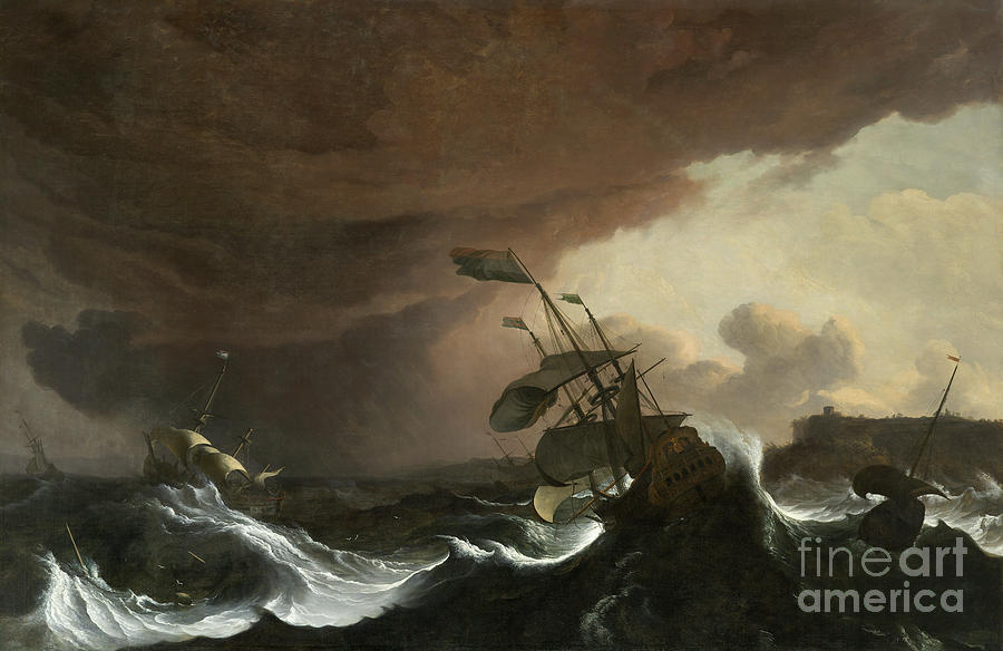 Ships In A Stormy Sea Off A Coast Painting by Ludolf Backhuysen I