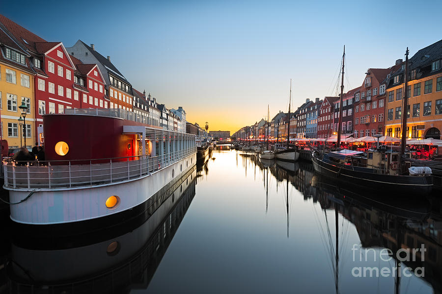 Sunset Photograph - Ships In Nyhavn At Sunset Copenhagen by Frank Fischbach