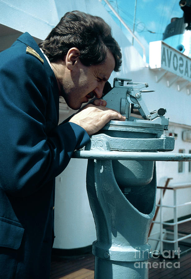 Ships Navigation Officer Takes A Compass Bearing Photograph by John Howard/science Photo Library