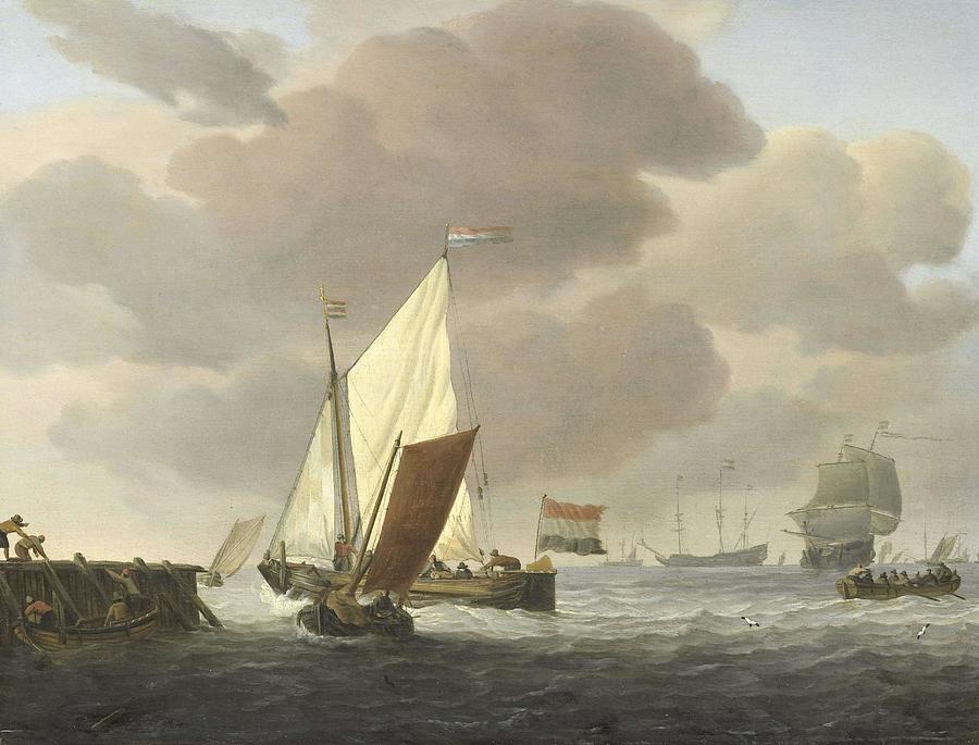 Ships near the Coast in windy Weather. Painting by Willem van de Velde -II-