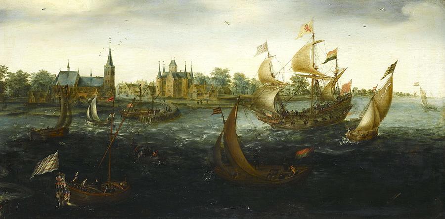 Ships off IJsselmonde. Painting by Aert Anthonisz