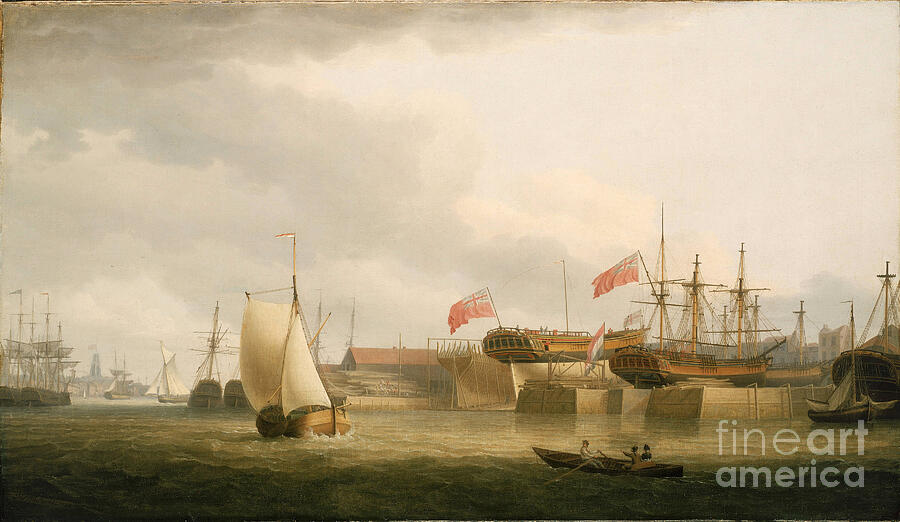 London Painting - Shipyards On The Thames England, In Redriff, Opposite The Tower Of Saint Annes Church In Limehouse by Thomas Whitcombe