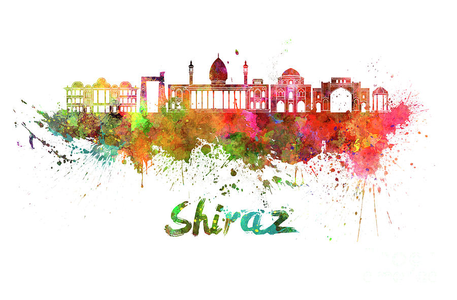 Shiraz skyline watercolor splatters Painting by Pablo Romero