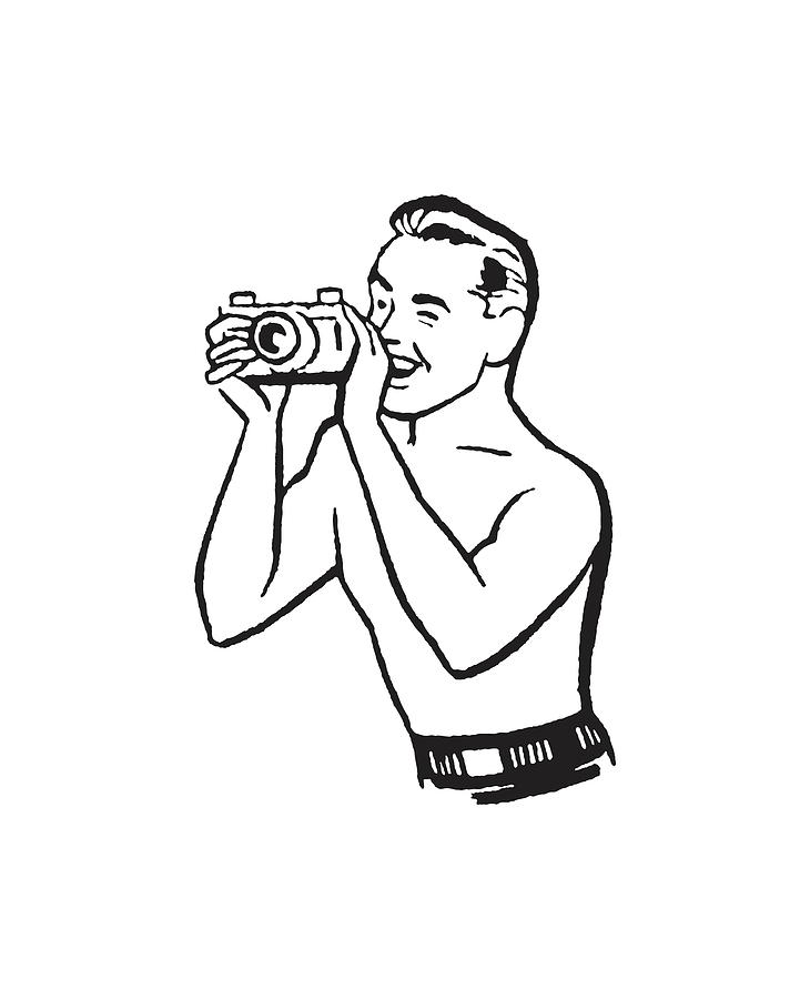 Shirtless Man Taking Photographs Drawing by CSA Images | Fine Art America