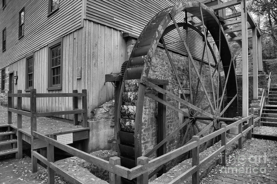 Shoaffs Grist Mill Waterwheel Black And White Photograph by Adam Jewell