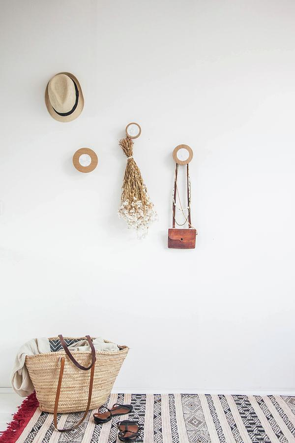 Shopping Basket In Cloakroom Made From Round Wooden Discs Photograph by Holly Marder