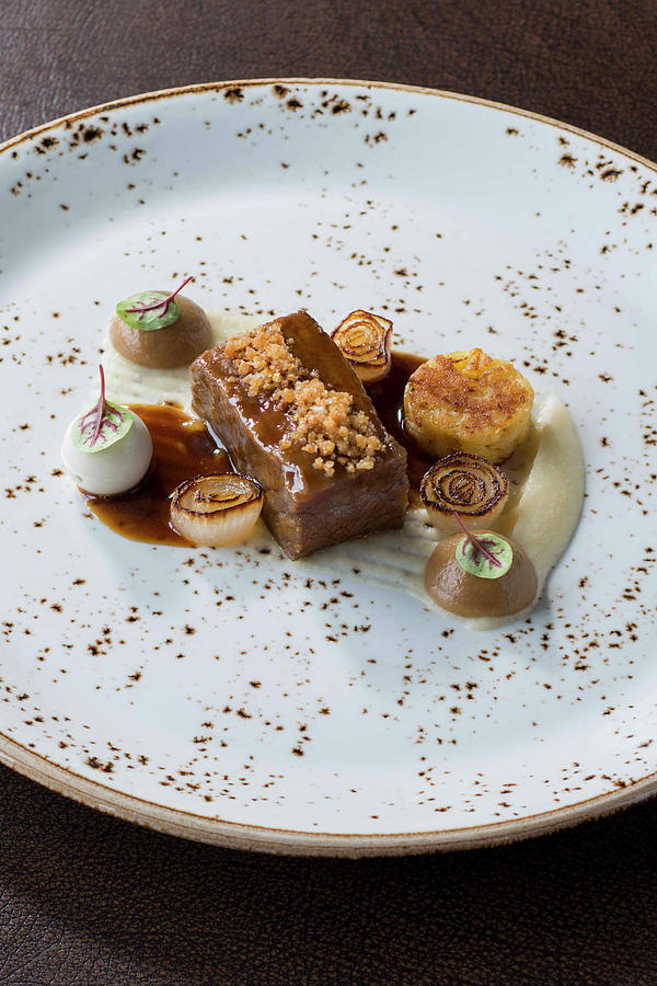 Short Rib With Onion, Potato And Beef Marrow From The Restaurant And Bistro zwei Sinn In Nuremberg, Bavaria, Germany Photograph by Jalag / Michael Schinharl
