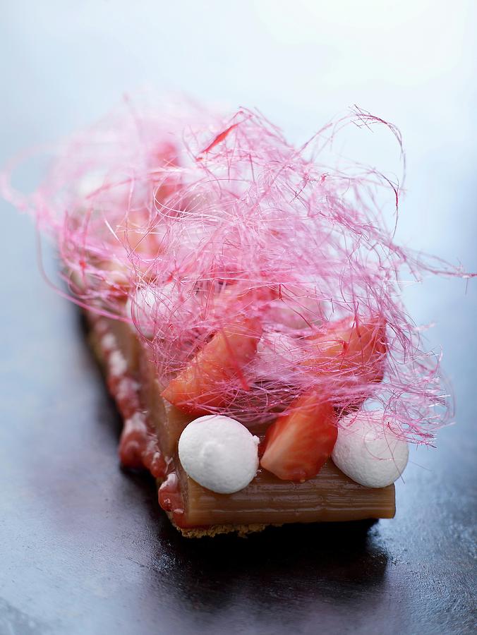 Shortbread Biscuit With Stewed Rhubarb, Strawberries, Meringues And Cotton Candy Photograph by Amiel