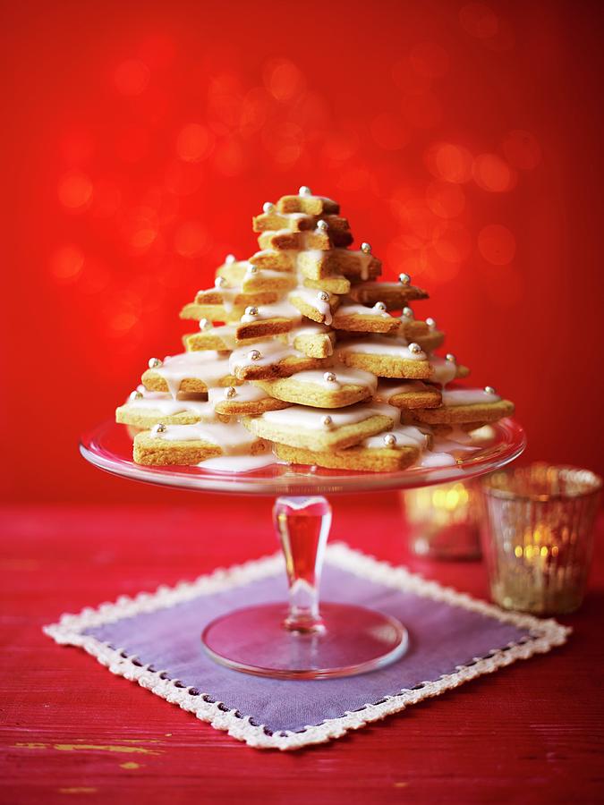 Shortbread Biscuits Stacked On A Cake Stand In The Shape Of A Christmas Tree Photograph by Myles New