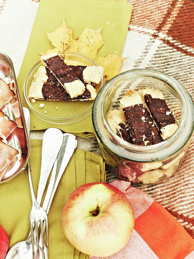 Shortbread Biscuits With Chocolate And Fresh Apple For An Autumnal Picnic Photograph by Hannah Kompanik