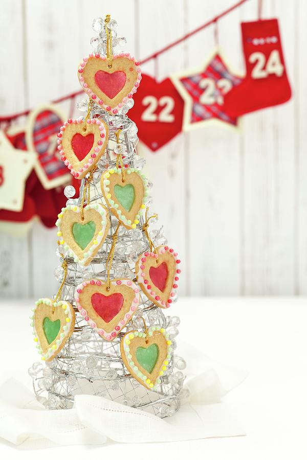 Shortbread Hearts With Sugar Windows Hung On A Glass Christmas Tree Photograph by Rua Castilho