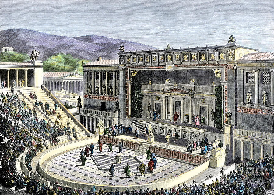 Show In The Theatre Of Dionysus In Athenes, Ancient Greece Colouring Engraving From The 19th Century Drawing by American School