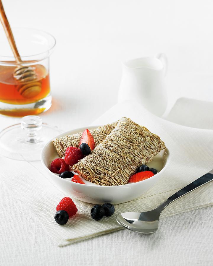 Shredded Wheat With Berries, Milk And Honey Photograph by Charlie