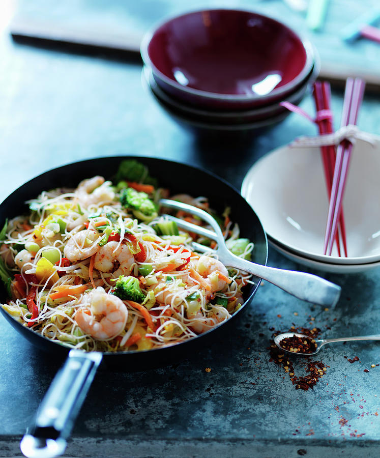 Shrimps With Chili, Broccoli And Noodles asia Photograph by Karen Thomas
