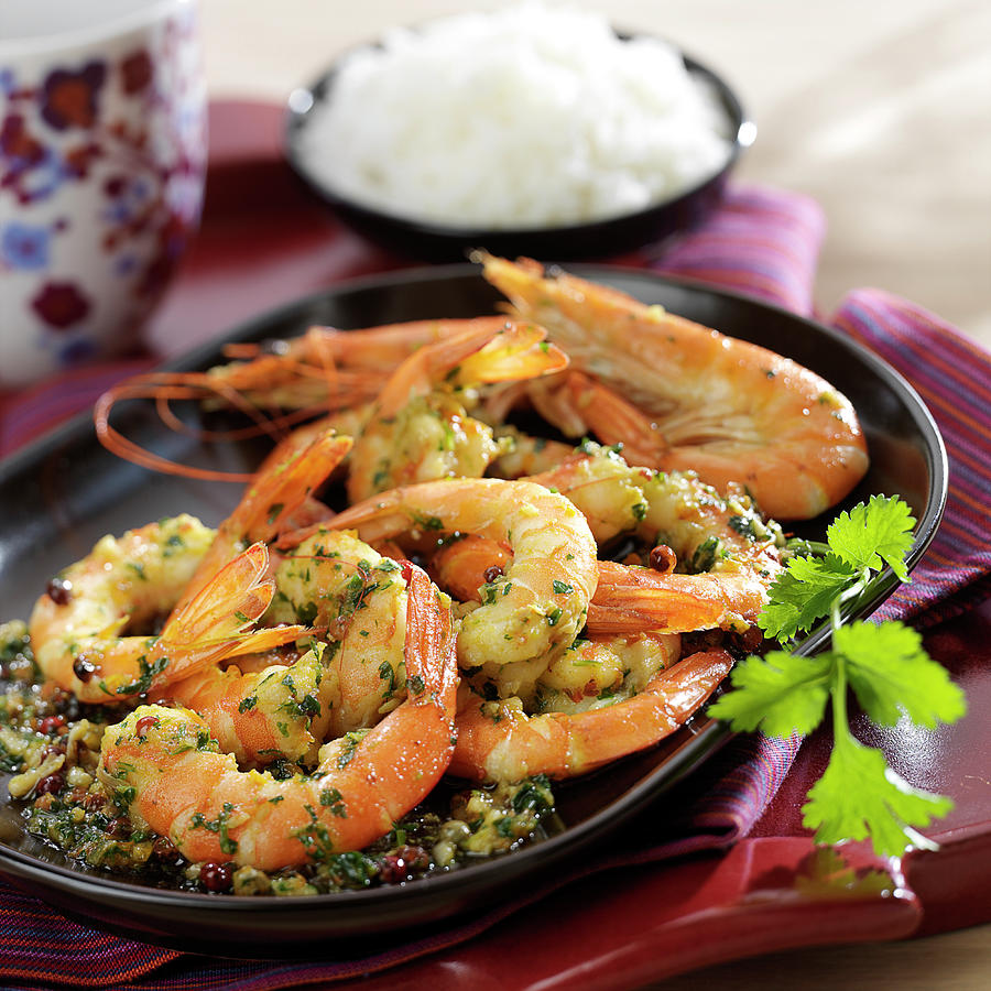 Shrimps With Green, Pink And Cayenne Pepper, Paprika And Coriander Photograph by Bertram