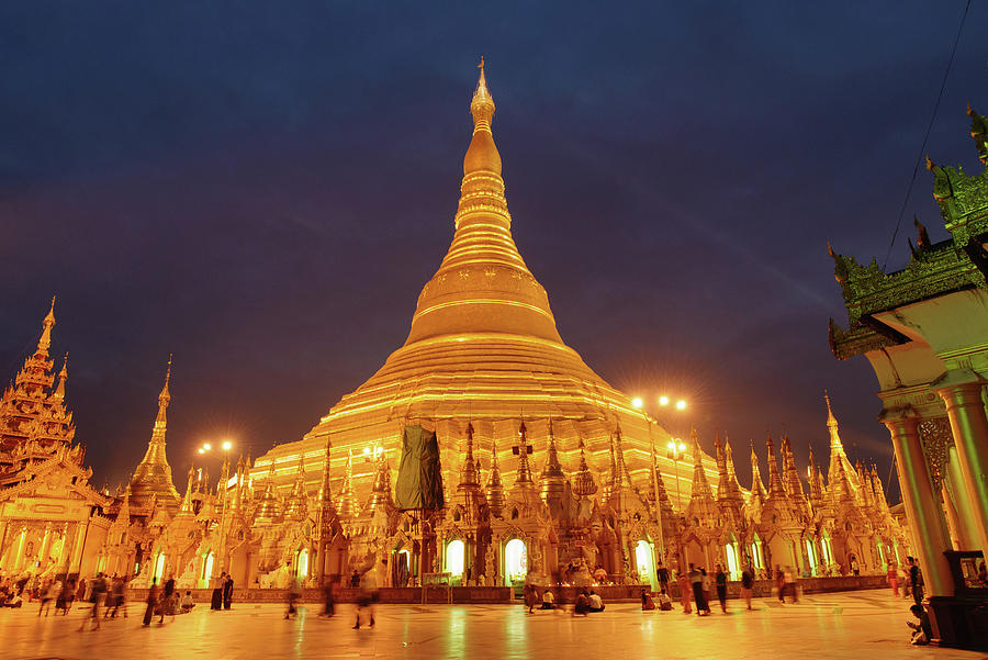 Shwedagon Pagoda And Crowd Of Tourists, Yangan, Burma Digital Art by ...