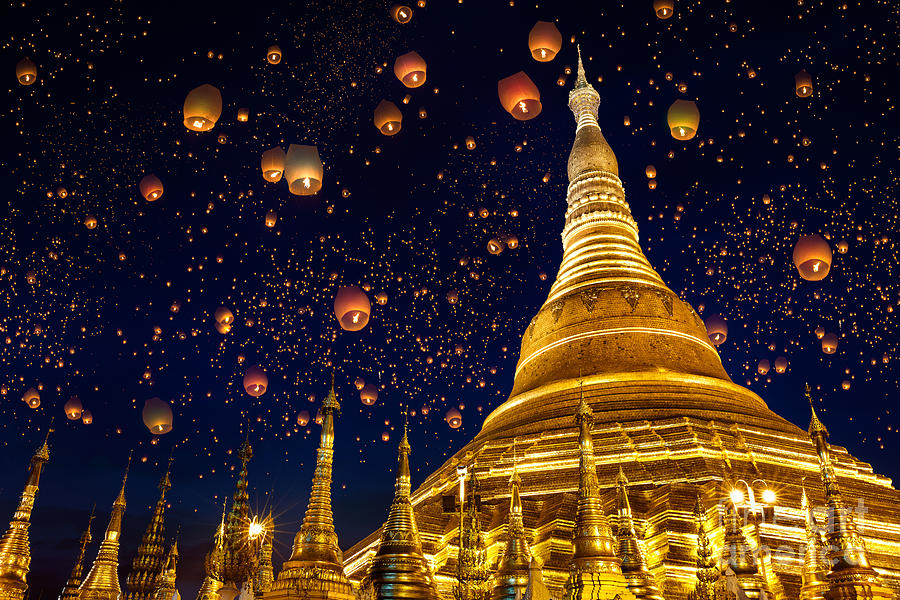 Religious Photograph - Shwedagon Pagoda With Larntern by Krunja Religious Photograph - Shwedagon Pagoda With Larntern by Krunja