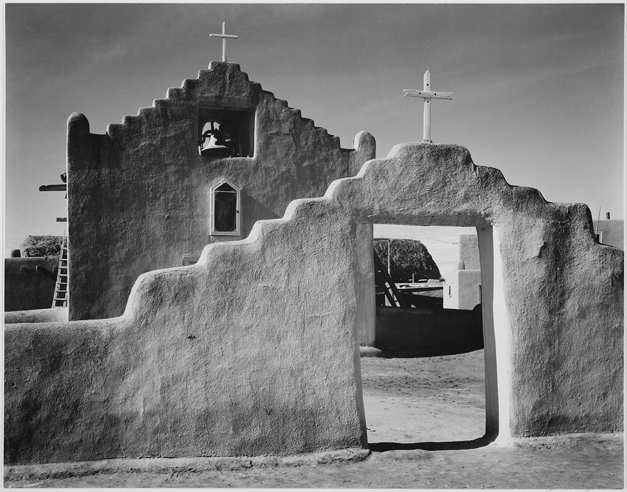 Side view of entrance with gate to Church Taos Pueblo Painting by Ansel Adams