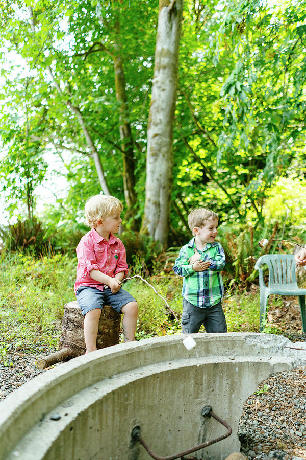 Summer Photograph - Side View Of Two Young Boys Roasting Marshmallows Over A Campfire by Cavan Images