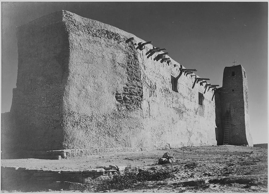Side wall and tower with cross Church Acoma Pueblo. [National Historic Landmark New Mexico] [Mision de San Estevan del Rey Acoma] 1933 - 1942 Painting by Ansel Adams