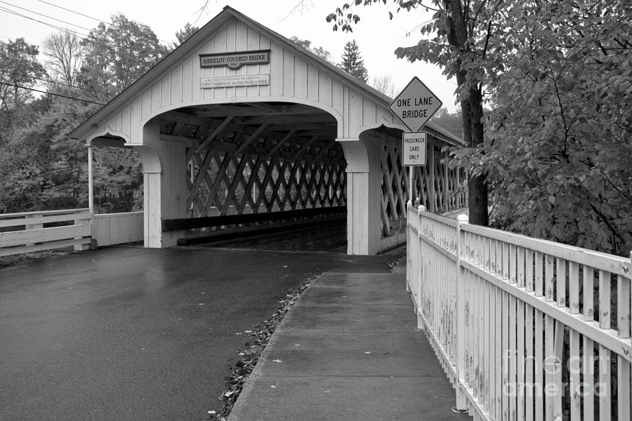 Sidewalk To The Ashuelot Covered Bridge Black And White Photograph by Adam Jewell