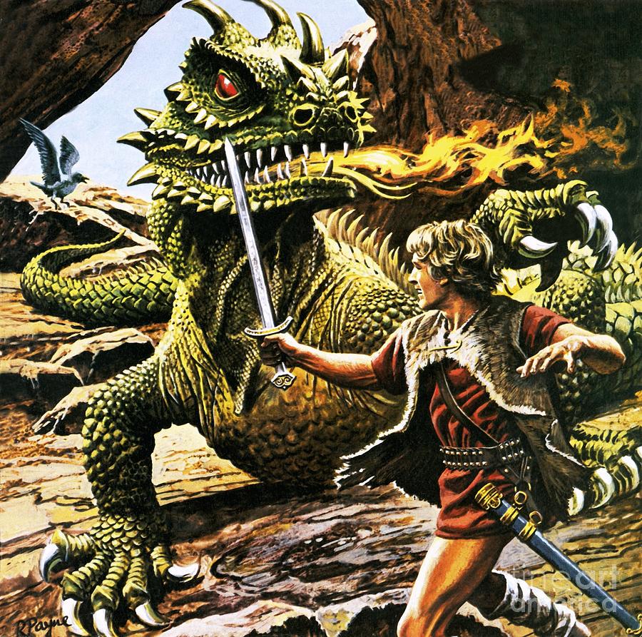 Siegfried Battling With The Dragon Painting by Roger Payne