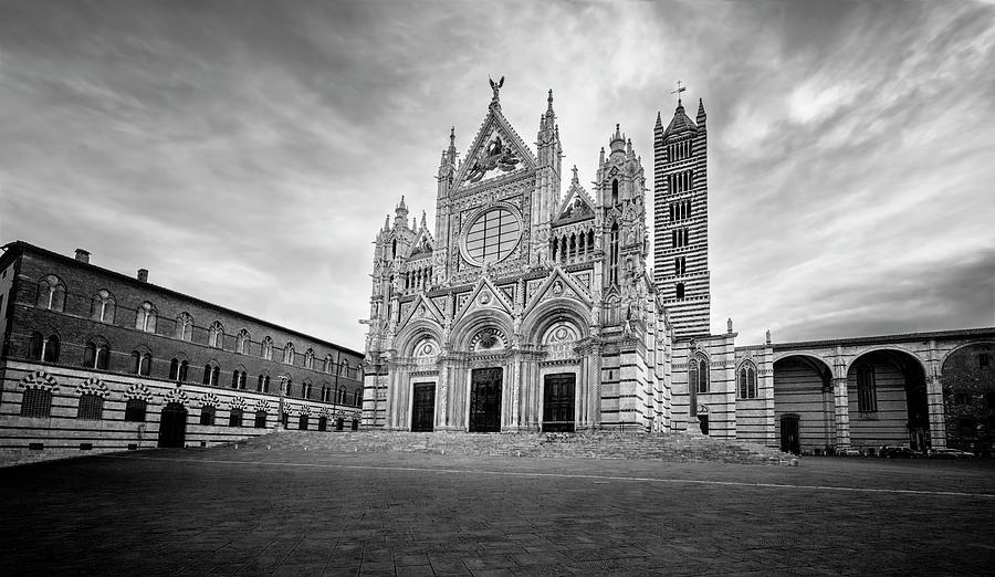 Siena Italy Cathedral And Piazza BW Photograph by Joan Carroll