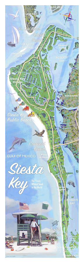 Siesta Key Illustrated Map with Green Lifeguard Station Painting by Shawn McLoughlin