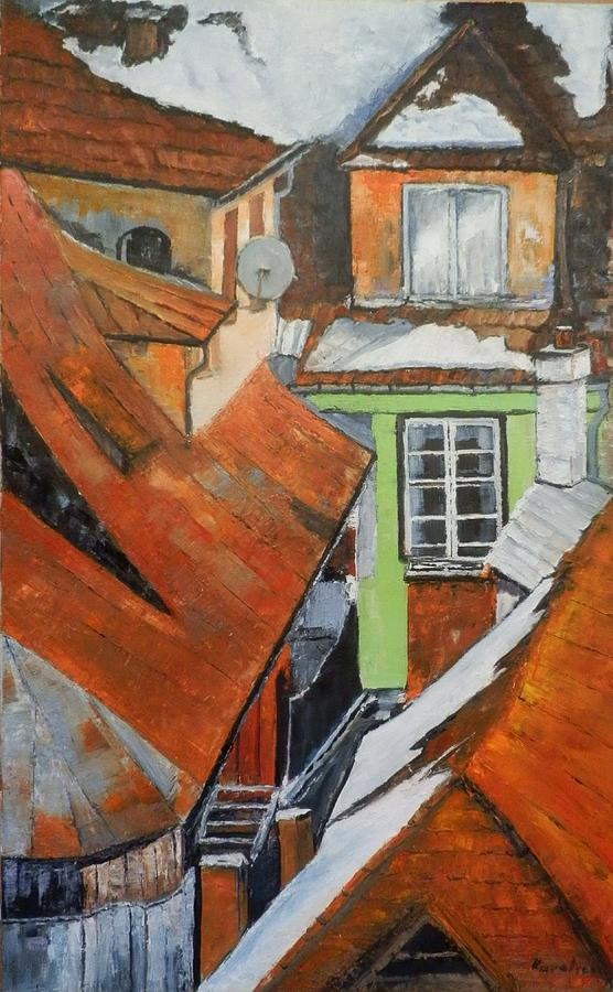 Winter Painting - Sighisoara winter roofs by Maria Karalyos
