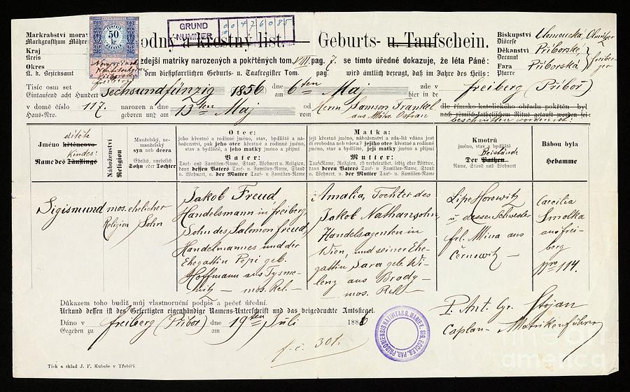 Sigmund Freuds Birth Certificate Photograph by Library Of Congress, Manuscript Division, Sigmund Freud Papers/science Photo Library