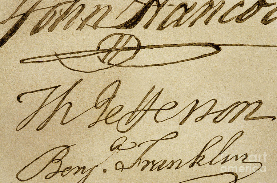 Signatures Of John Hancock, Thomas Jefferson And Benjamin Franklin On Declaration Of Independence Painting by American School