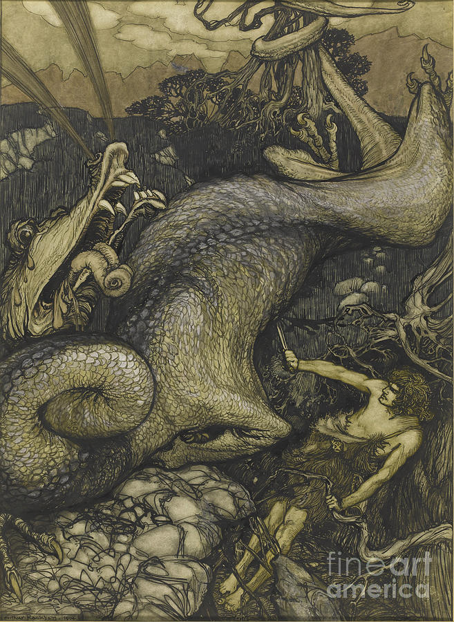 Dragon Drawing - Sigurd The Dragon Slayer, 1901 by Heritage Images