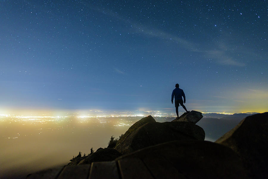 Silhouette Man Standing On Rocks Against Star Field At Mount Pilchuck ...