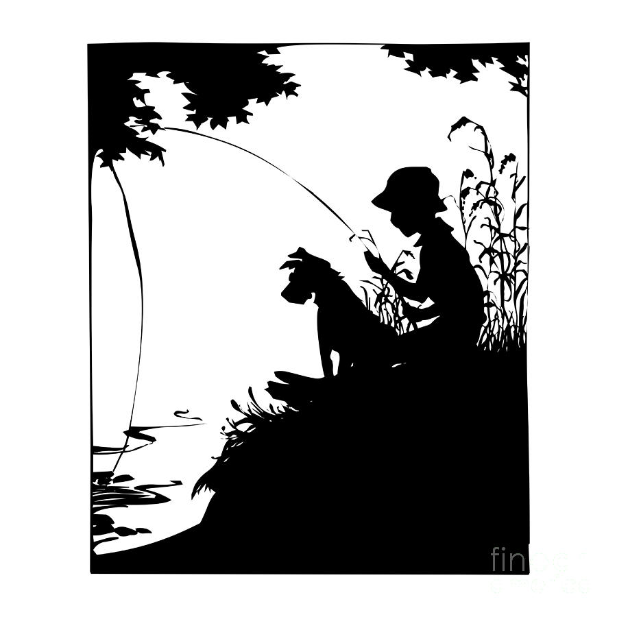 Silhouette of a Boy fishing with his Dog Digital Art by Rose