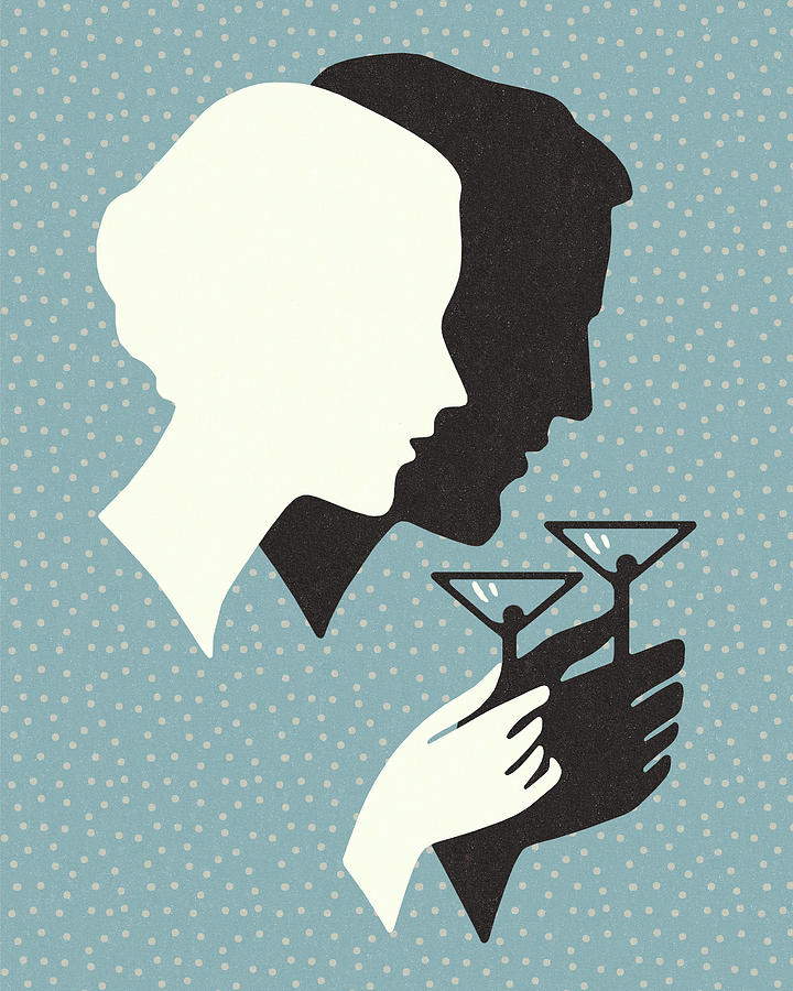 Martini Drawing - Silhouette of a Man and Woman Drinking a Cocktail by CSA Images