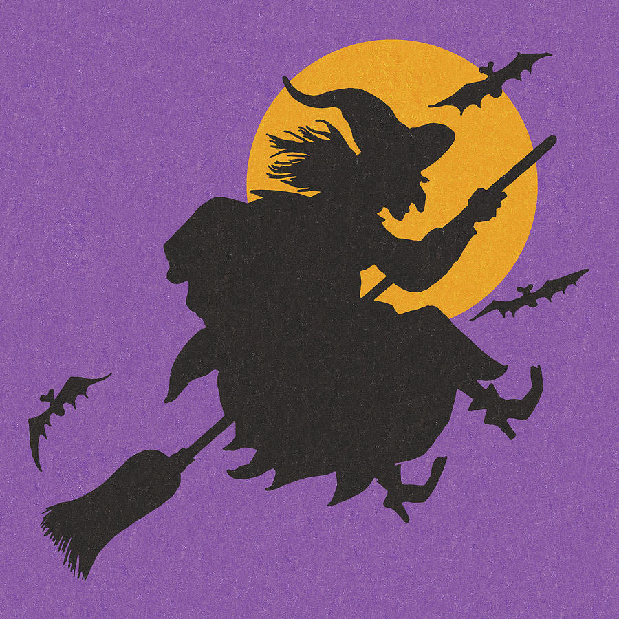 Halloween Drawing - Silhouette of a Witch Flying on a Broomstick by CSA Images