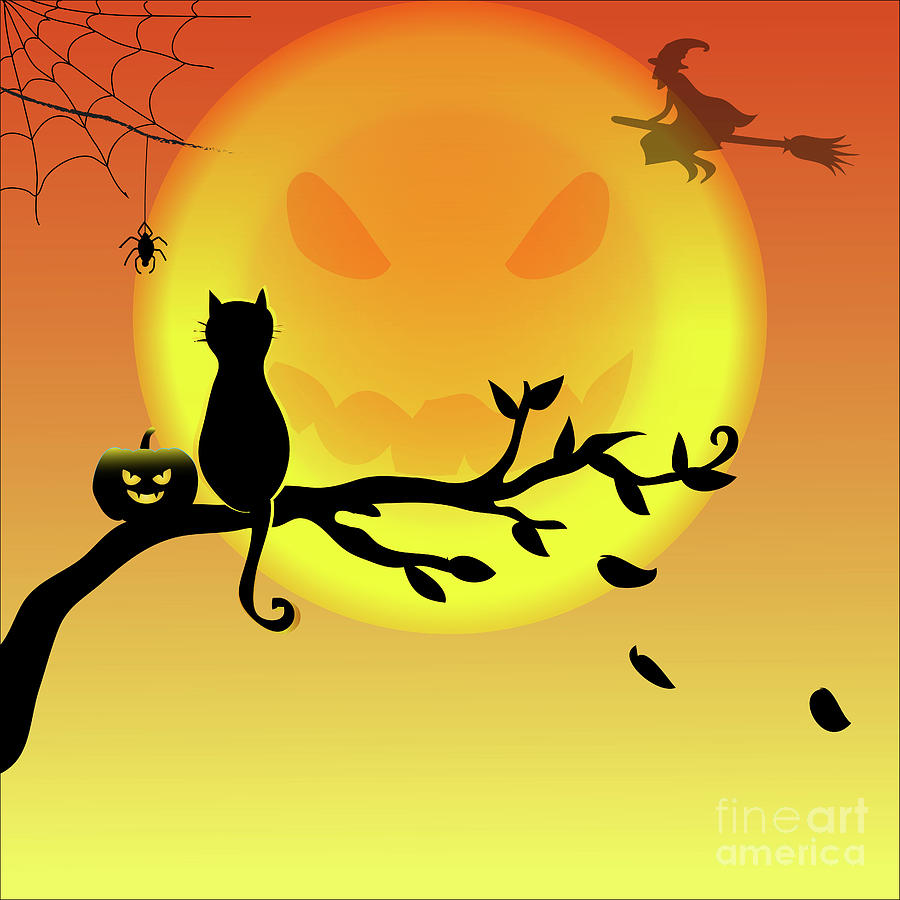 Silhouette Of Black Cat And Pumpkin Digital Art by Wanmongkhol