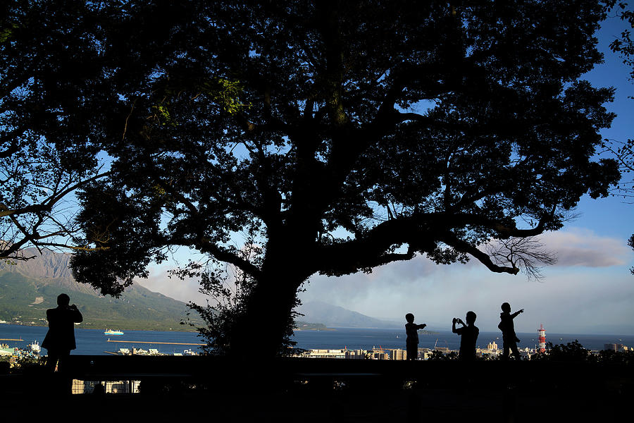 Nature Digital Art - Silhouette Of People And Tree In Front Of Mount Sakurajima, Japan by Leon Harris
