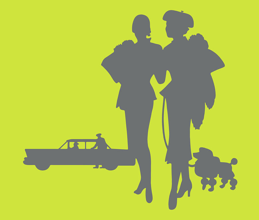 Transportation Drawing - Silhouette of Two Women and Car by CSA Images
