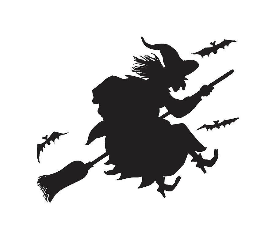 Silhouette of Witch Flying on Broom Drawing by CSA Images - Fine Art ...