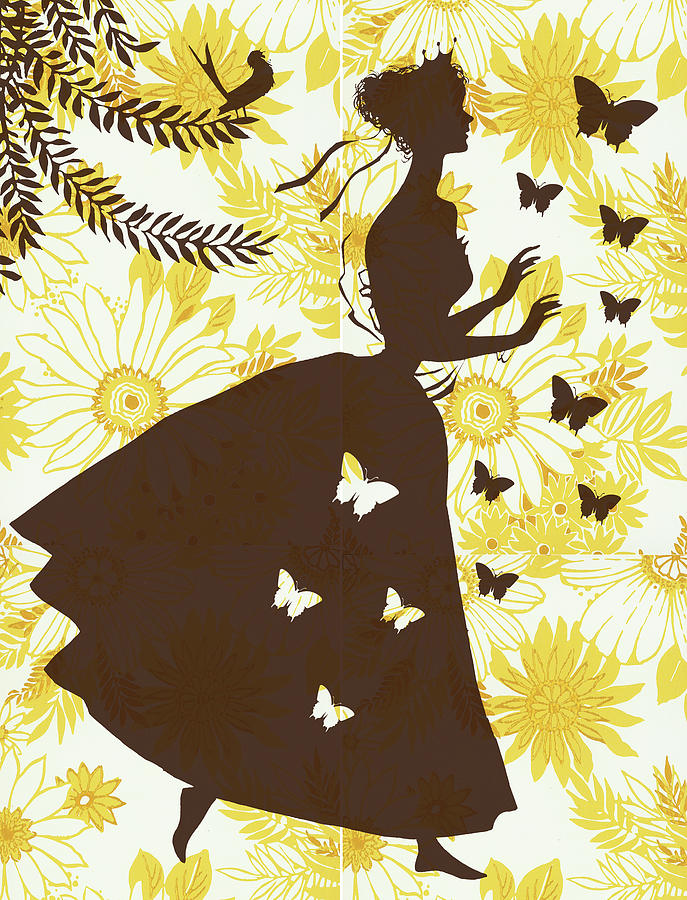 Butterfly Drawing - Silhouette of Woman on Floral Background by CSA Images